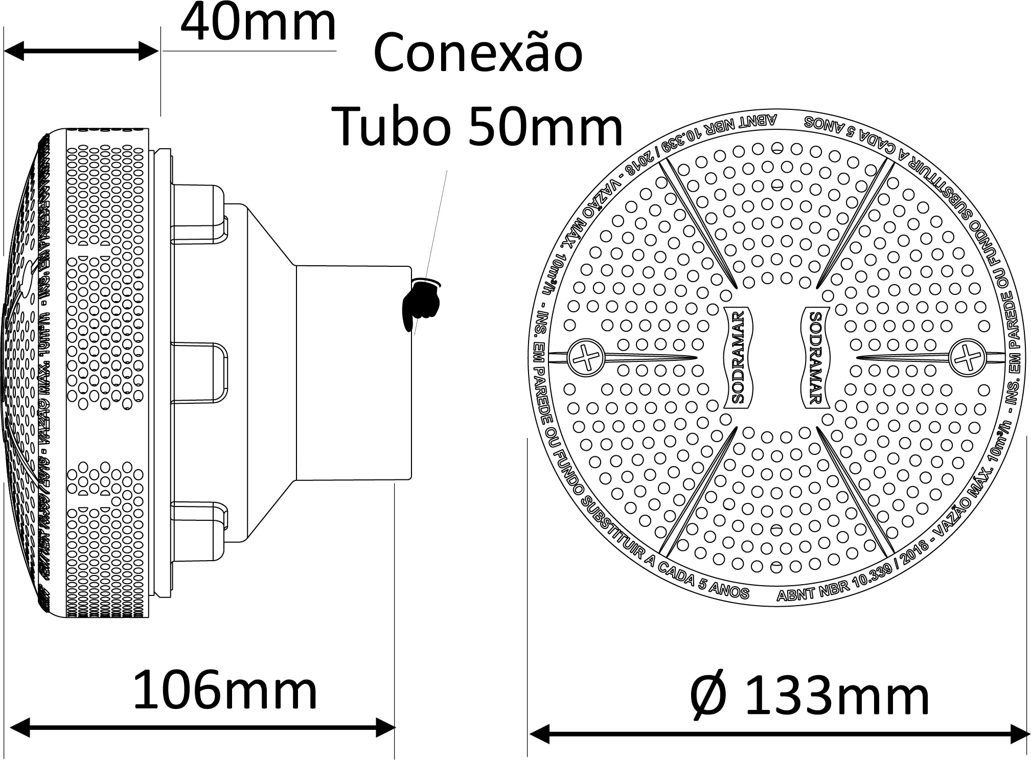 Dispositivo Dreno 10 50 de Fibra e Vinil Medidas