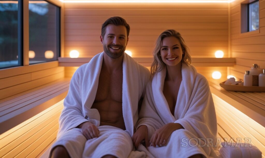 casal relaxando na sauna Sodramar